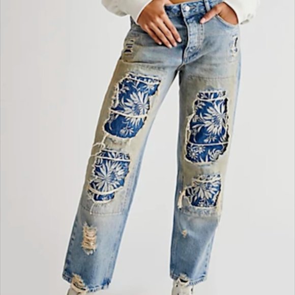 Free People Blue Patterned Straight Leg Jeans - Picture 6 of 12